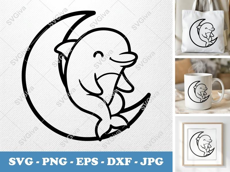 Dolphin on Moon SVG PNG DXF EPS | Cute Ocean Animal Cut File for Cricut Silhouette