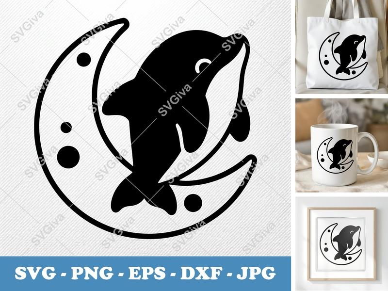 Dolphin on Moon SVG | Puffy Soft Forms | Cut File PNG DXF EPS | Cricut Silhouette Design
