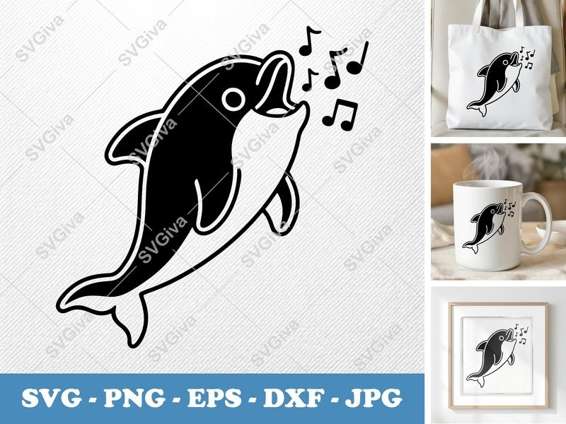 Dolphin Singing SVG, Music Notes PNG, EPS, DXF | Cricut & Silhouette Cut File, Modern Sea Animal Vector