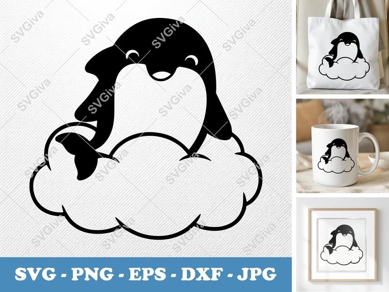 Dolphin Sitting on Cloud SVG | Puffy Soft Kawaii Design | PNG DXF EPS | Cricut Silhouette File