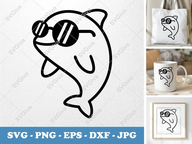 Dolphin SVG Cool Sunglasses, Cartoon Ocean Animal Cut File | PNG EPS DXF for Cricut, Silhouette, Vector Clipart