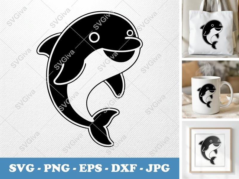 Dolphin SVG Cute Cartoon Design | PNG EPS DXF | Cricut Silhouette File | Ocean Animal Clipart Vector