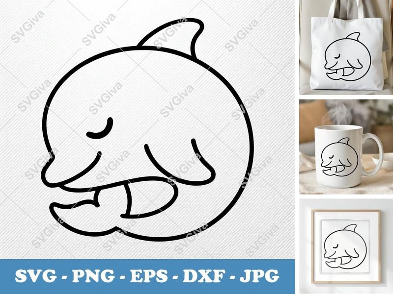 Dolphin SVG, Cute Cartoon Dolphin Cut File, Ocean Animal PNG EPS DXF for Cricut & Silhouette, Modern Marine Life Vector
