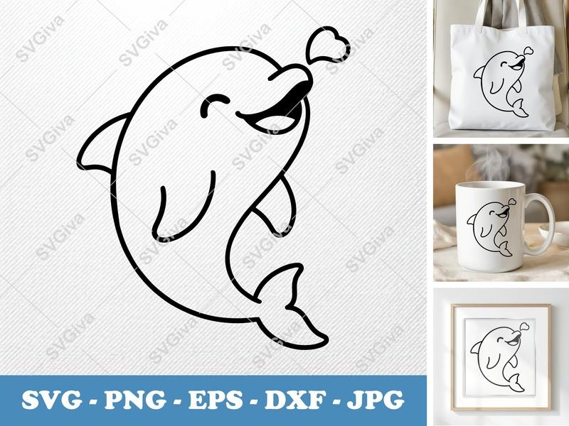 Dolphin SVG, Cute Cartoon Dolphin with Heart, PNG, EPS, DXF | Cricut & Silhouette Cut File, Ocean Animal Clipart