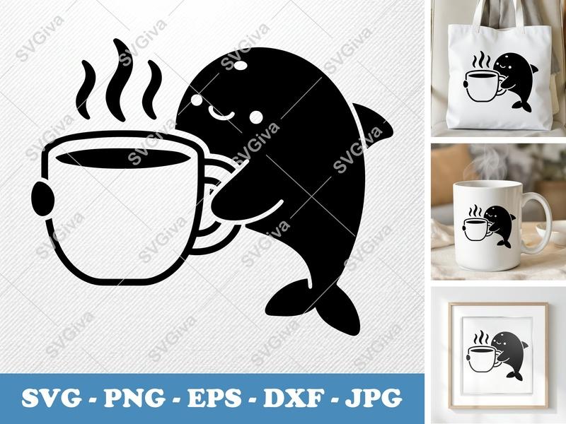 Dolphin SVG Cute Coffee Mug | Kawaii Animal Cut File for Cricut, Silhouette | PNG EPS DXF Vector Clipart