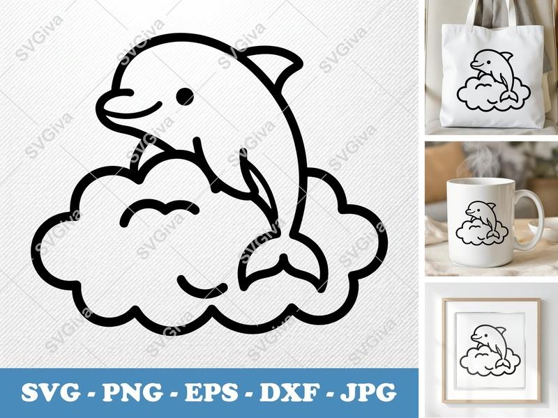 Dolphin SVG, Cute Jumping Dolphin on Cloud, PNG EPS DXF | Cricut & Silhouette Cut File, Ocean Animal Clipart