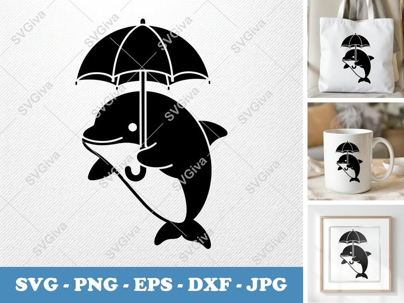 Dolphin SVG, Cute Umbrella Dolphin Cut File, PNG EPS DXF for Cricut & Silhouette, Modern Marine Animal Art