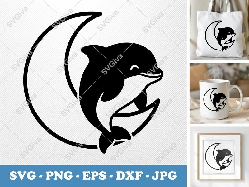 Dolphin SVG Moon Design, Cute Dolphin Cut File, Ocean Animal PNG EPS DXF for Cricut | Silhouette