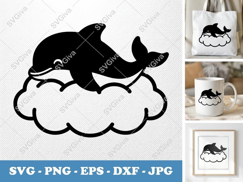 Dolphin SVG on Cloud | Cute Animal Design, Ocean Life | PNG EPS DXF for Cricut, Silhouette, Vinyl Decals