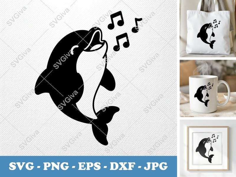 Dolphin SVG Singing, Music Notes Clipart, Ocean Animal Vector | PNG EPS DXF for Cricut, Silhouette