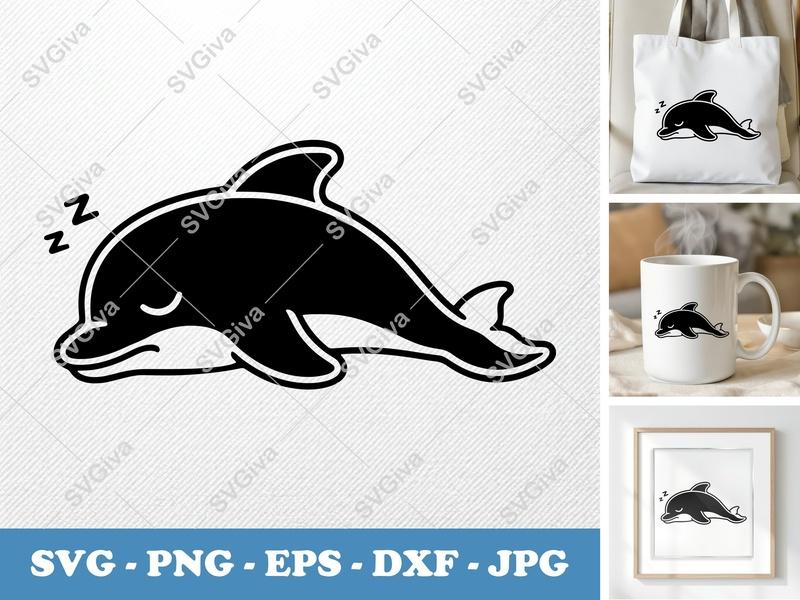 Dolphin SVG Sleeping Cute, Zzz Animal Cut File for Cricut, Silhouette | PNG EPS DXF Vector