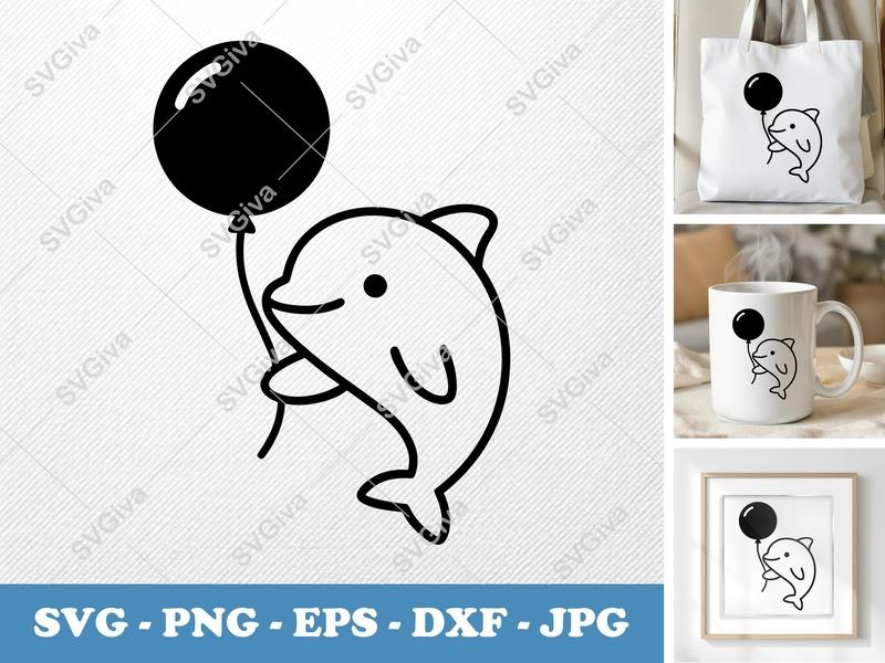 Dolphin SVG with Balloon | Cute Clean Line Art | PNG EPS DXF for Cricut & Silhouette | Animal Ocean Vector