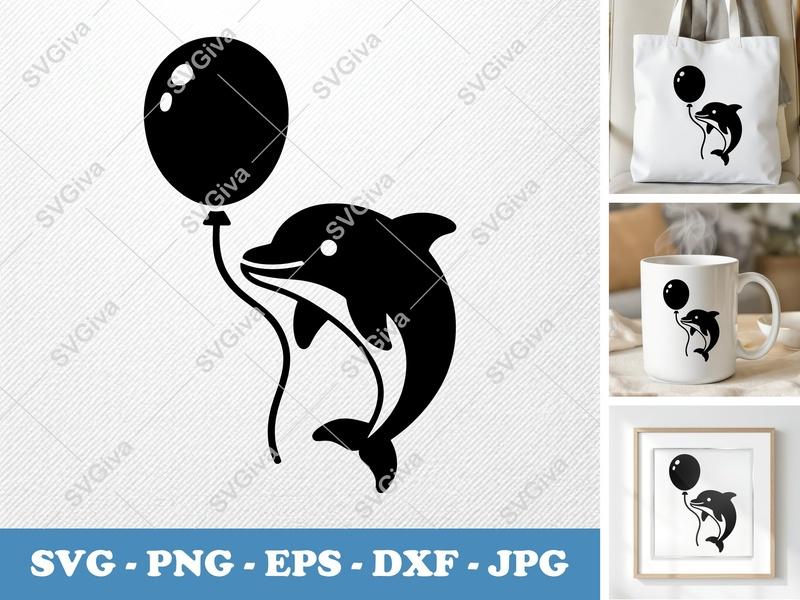 Dolphin SVG with Balloon | Cute Marine Animal Cut File for Cricut, Silhouette | PNG EPS DXF | Ocean Lover Design