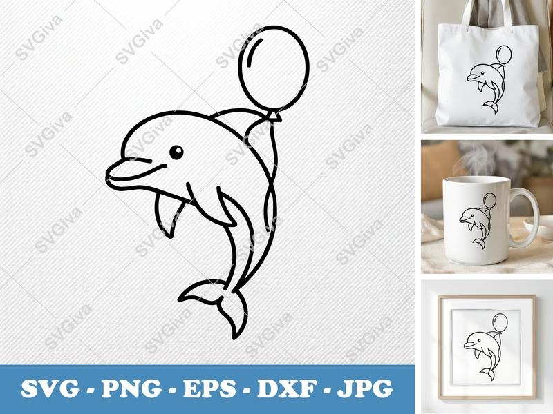 Dolphin SVG with Balloon | Cute Modern Clean Line Art | PNG EPS DXF for Cricut, Silhouette