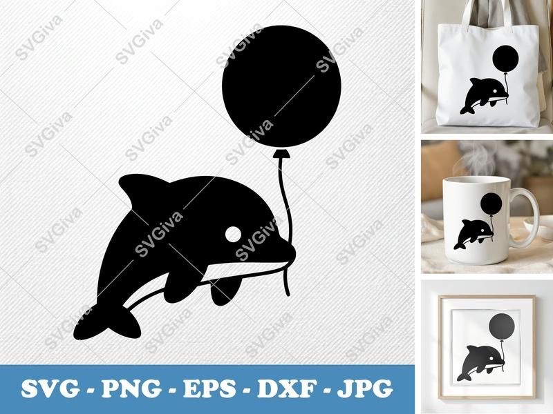 Dolphin SVG with Balloon | Cute Ocean Animal Cut File for Cricut, Silhouette | PNG, EPS, DXF Instant Download