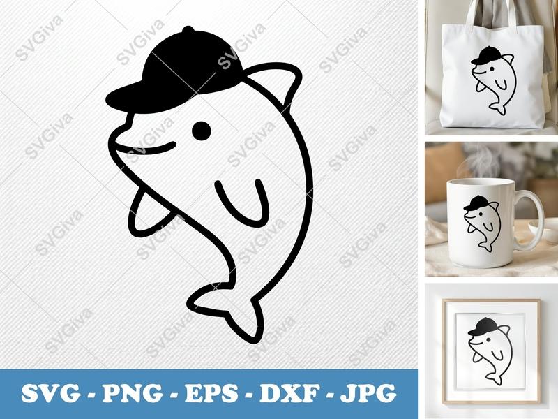Dolphin SVG with Baseball Cap, Cute Animal Design, PNG EPS DXF for Cricut & Silhouette, Modern Vector Art