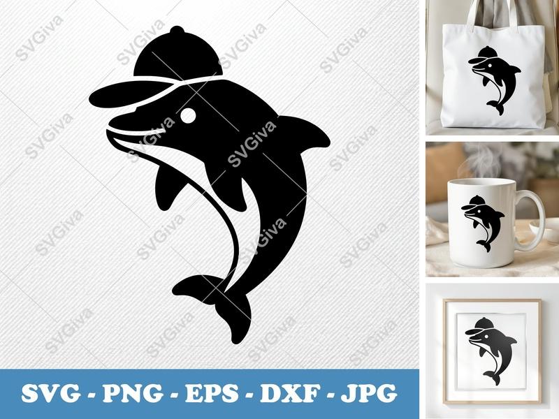 Dolphin SVG with Baseball Cap | Modern Clean Design, Digital Cut File for Cricut, Silhouette | PNG EPS DXF Vector