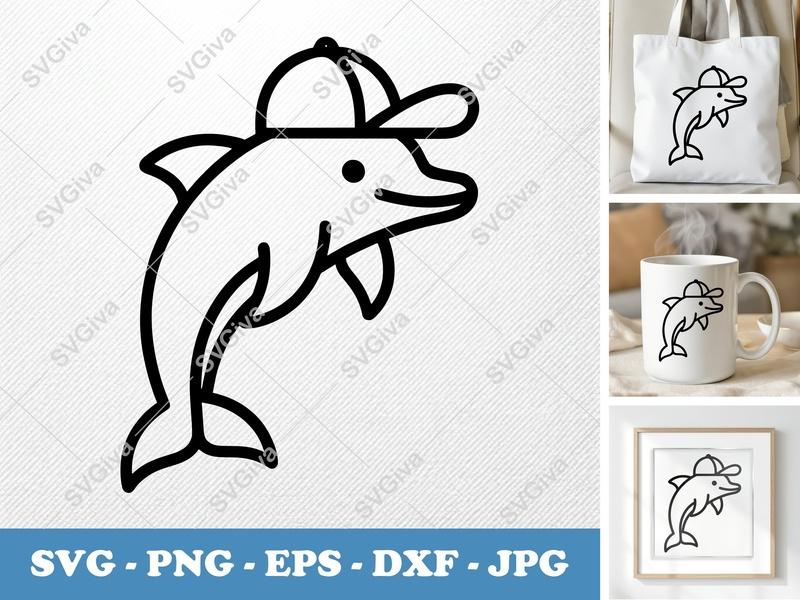 Dolphin SVG with Baseball Cap | Modern Clean Line Art | PNG EPS DXF for Cricut, Silhouette
