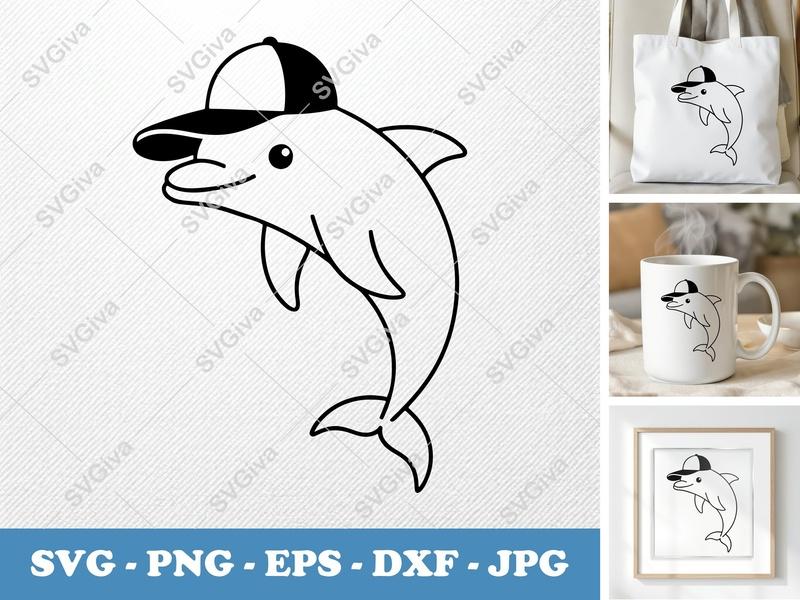 Dolphin SVG with Baseball Cap | Modern Clean Line Art | PNG EPS DXF for Cricut Silhouette