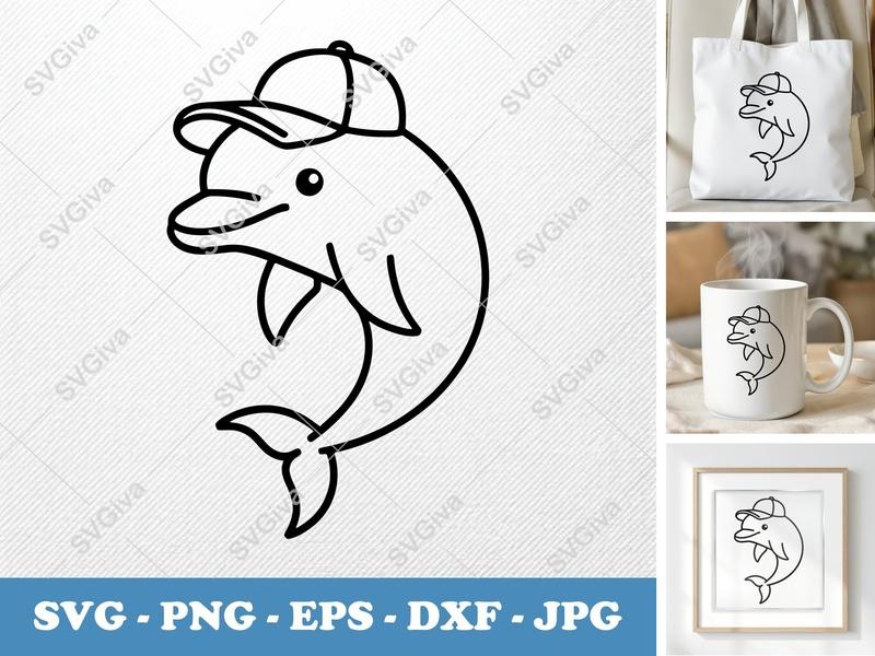 Dolphin SVG with Baseball Cap, Outline Clipart | PNG EPS DXF | Cricut Silhouette Cut File, Modern Sea Animal Vector