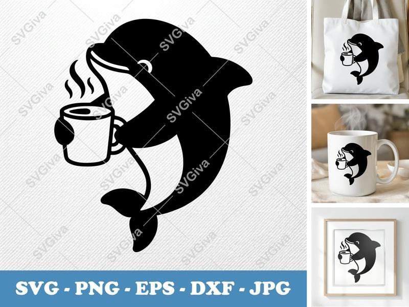Dolphin SVG with Coffee Cup, Modern Clean Design | PNG EPS DXF | Cricut Silhouette Cut File