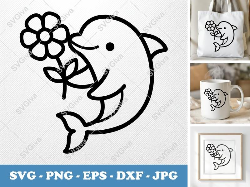 Dolphin SVG with Flower | Cute Marine Animal Cut File | PNG EPS DXF for Cricut Silhouette Projects