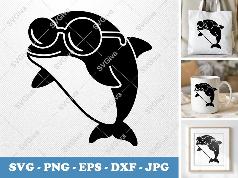 Dolphin SVG with Glasses | Modern Clean Design | PNG EPS DXF | Cricut Silhouette Cut File