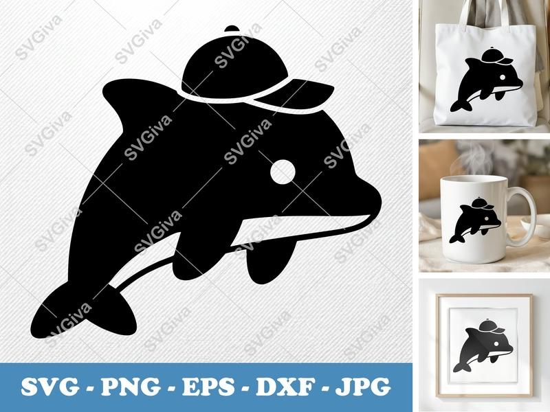Dolphin SVG with Hat, Modern Clean Cut File | PNG EPS DXF for Cricut, Silhouette, Vector Clipart