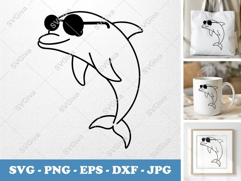 Dolphin SVG with Sunglasses | Cool Marine Animal Cut File | PNG EPS DXF for Cricut Silhouette