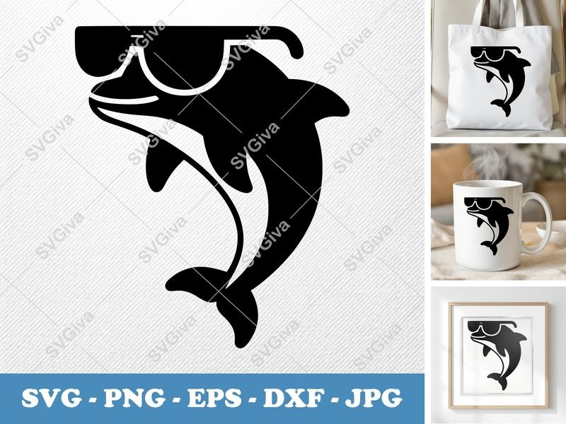 Dolphin SVG with Sunglasses | Cool Summer Cut File | PNG EPS DXF for Cricut & Silhouette | Ocean Animal Vector Design