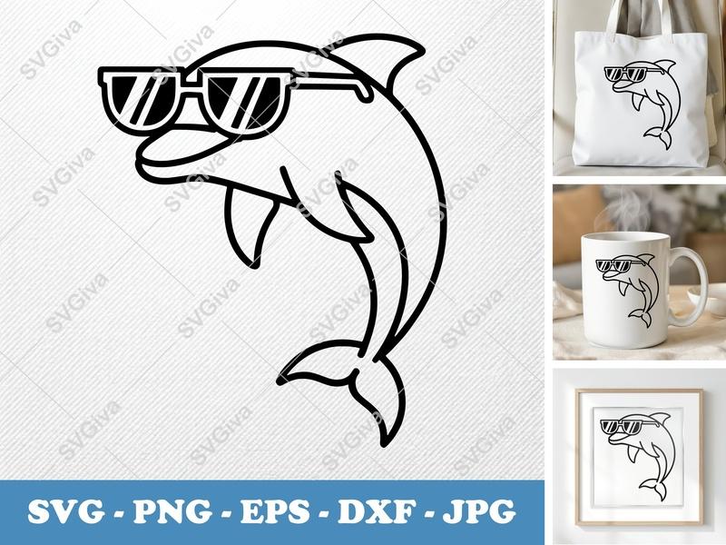 Dolphin SVG with Sunglasses | Cool Summer Ocean Life Cut File | PNG EPS DXF for Cricut & Silhouette | Modern Marine Animal Clipart
