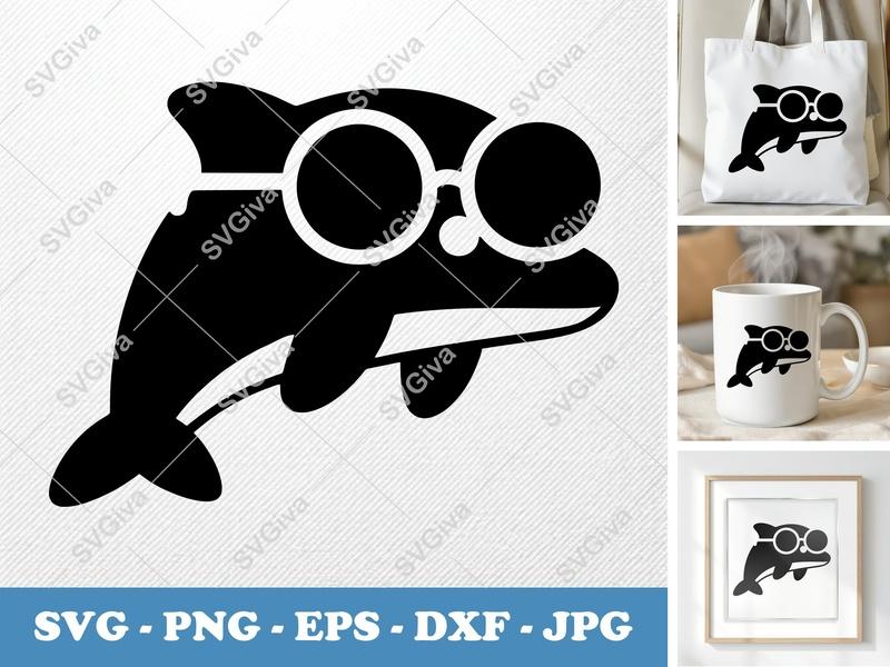 Dolphin SVG with Sunglasses | Modern Clean Cut File | PNG EPS DXF for Cricut & Silhouette | Ocean Animal Vector Art