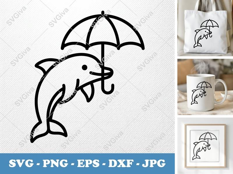 Dolphin SVG with Umbrella | Cute Ocean Animal Cut File for Cricut, Silhouette | PNG, EPS, DXF | Marine Life