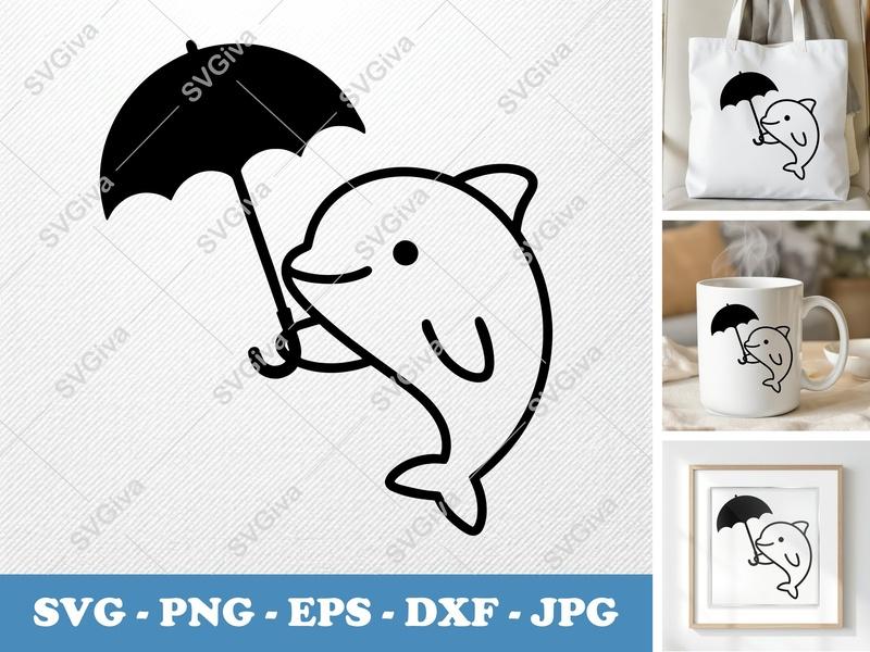 Dolphin SVG with Umbrella | Cute Ocean Animal Cut File for Cricut, Silhouette | PNG EPS DXF Vector Clipart