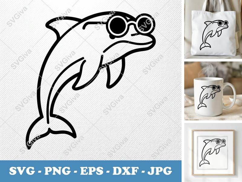 Dolphin Wearing Sunglasses SVG PNG DXF EPS | Ocean Animal Cut File for Cricut Silhouette