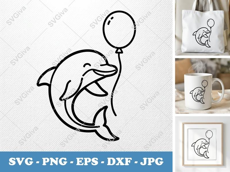Dolphin with Balloon SVG | PNG DXF EPS Cut File for Cricut Silhouette