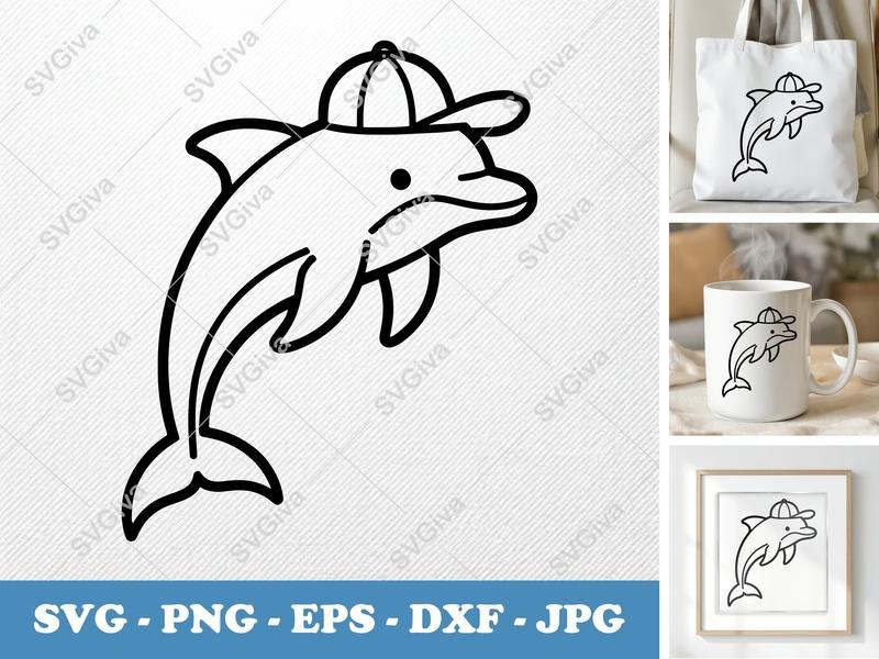 Dolphin with Cap SVG PNG DXF EPS | Ocean Animal Cut File for Cricut Silhouette | Marine Life Vector Art