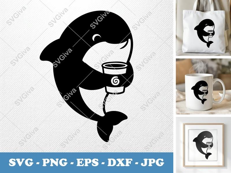 Dolphin with Coffee Cup SVG | Puffy Soft Forms | Inflated Pillow-Soft Design PNG DXF EPS | Cricut Silhouette File
