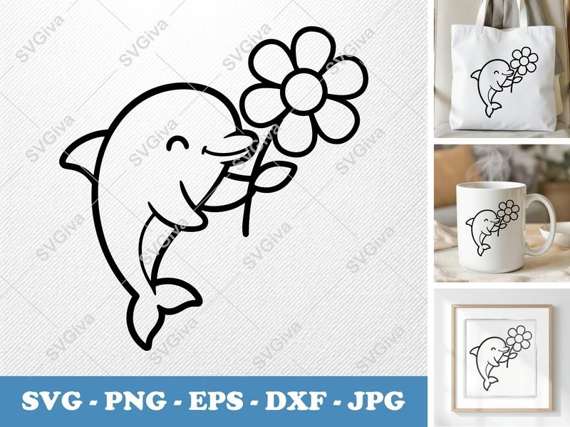 Dolphin with Flower SVG | Cute Ocean Animal Cut File PNG DXF EPS Cricut Silhouette