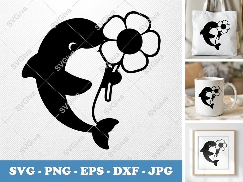 Dolphin with Flower SVG | Puffy Pillow-Soft Shapes | PNG DXF EPS | Cricut Silhouette File