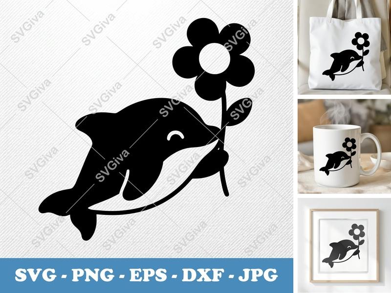 Dolphin with Flower SVG | Puffy Soft Shapes | Cricut Silhouette | PNG DXF EPS