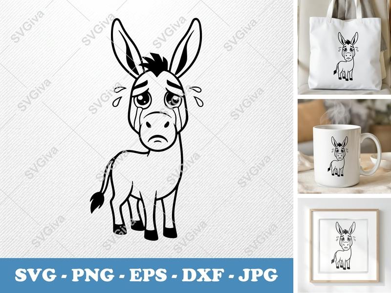 Donkey Crying SVG | Friendly Rounded Body Bean-Shaped Cut File | PNG DXF EPS for Cricut Silhouette