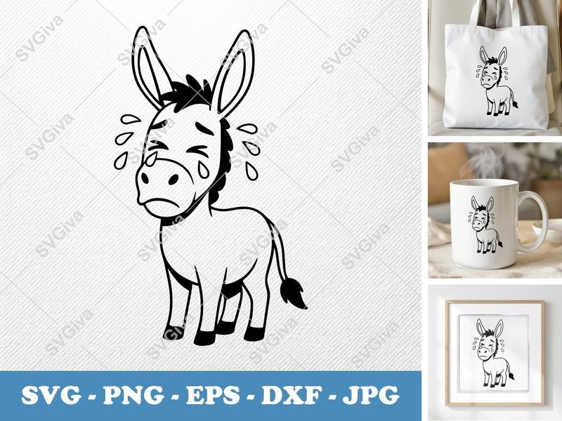 Donkey Crying SVG, Sad Ass PNG, EPS, DXF | Farm Animal Cut File for Cricut & Silhouette, Cute Cartoon Donkey Art