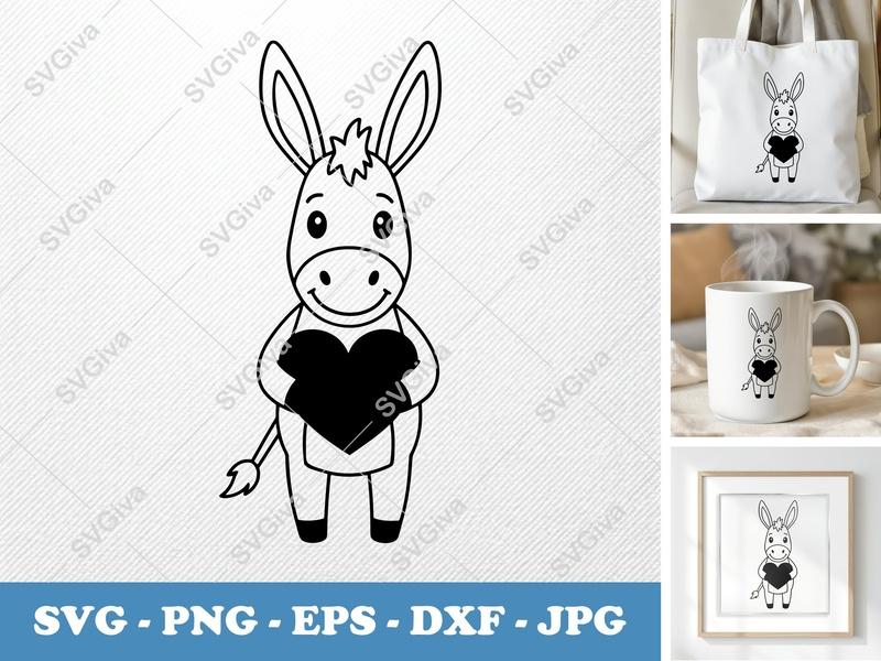 Donkey Holding Heart SVG | Friendly Bean Shaped Forms | PNG DXF EPS | Cricut Silhouette File