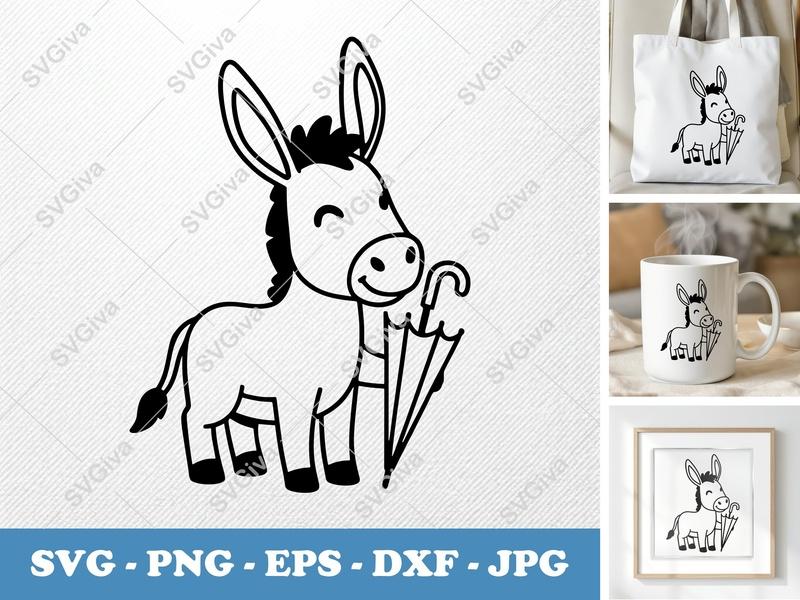 Donkey Holding Umbrella SVG | Friendly Rounded Body Bean-Shaped Forms | PNG DXF EPS | Cricut Silhouette File