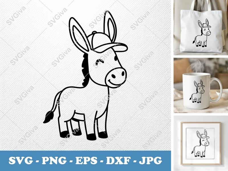 Donkey in a Cap SVG | Cute Bean-Shaped Animal | Rounded Body Design | PNG DXF EPS | Cricut Silhouette