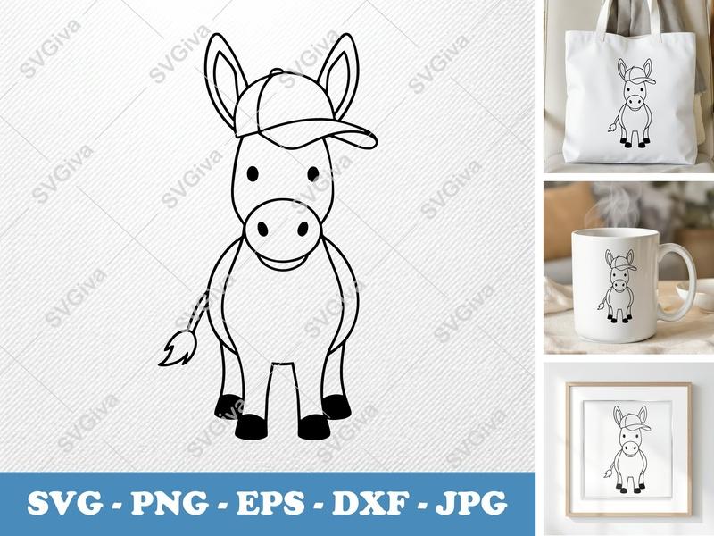 Donkey in a Cap SVG | Minimalist Character Cut File | Bold Contour Design | PNG DXF EPS | Cricut Silhouette