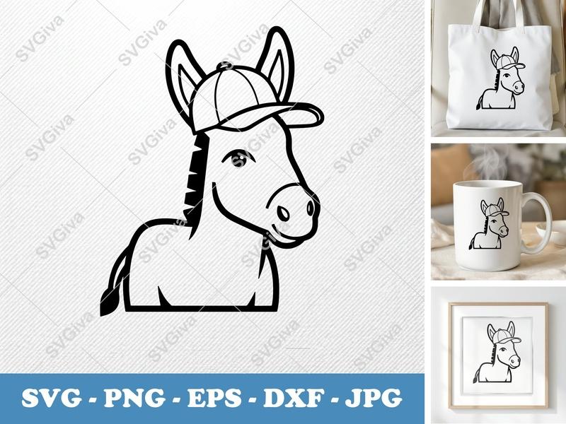 Donkey in a Cap SVG PNG DXF EPS | Animal Cut File Cricut Silhouette | Farm Character Vector