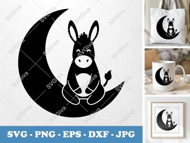 Donkey Moon SVG, Cute Animal PNG, Crescent Moon EPS, Baby Nursery DXF for Cricut, Silhouette Cut File, Vector Clipart