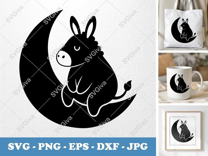 Donkey on Moon SVG, Cartoon Animal PNG, EPS, DXF | Cute Farm Vector for Cricut, Silhouette